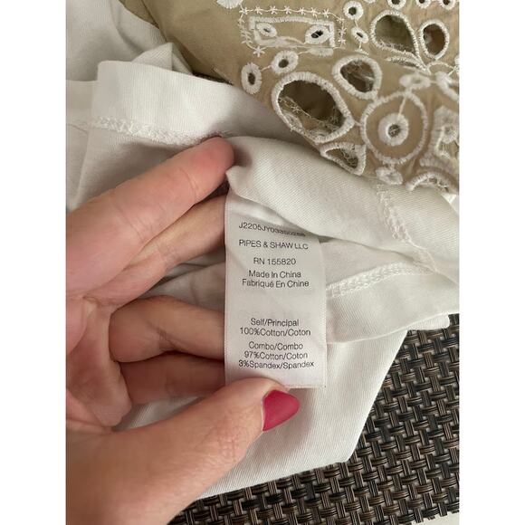 Veronica Beard Briana Embroidered Short-Puffed Sleeve Tee White & Light Khaki M - Picture 15 of 16
